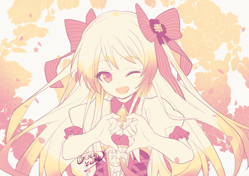 1girl, ;d, blonde_hair, chaos_marie_(grimms_notes), cocozome, grimms_notes, heart, heart_hands