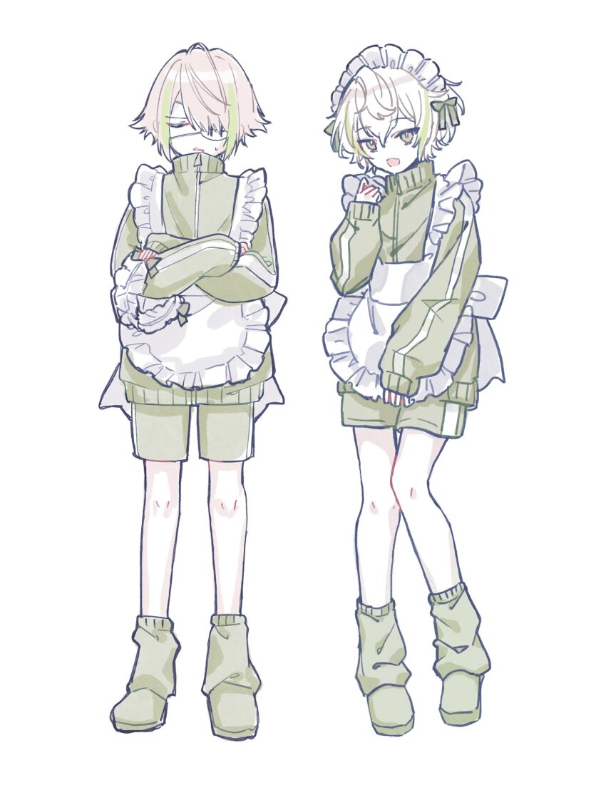 18trip, 230823, 2boys, apron, closed_eyes, crossed_arms, frilled_apron, frills, full_body, green_hair, green_jacket, green_shorts, highres, jacket, jersey_maid, long_sleeves, looking_at_viewer, maid, maid_apron, maid_headdress, male_focus, multicolored_hair, multiple_boys, open_mouth, shiramitsu_ryui, shiramitsu_toi, short_hair, shorts, simple_background, smile, socks, standing, streaked_hair, track_jacket, unconventional_maid, white_apron, white_background, white_hair, yellow_eyes
