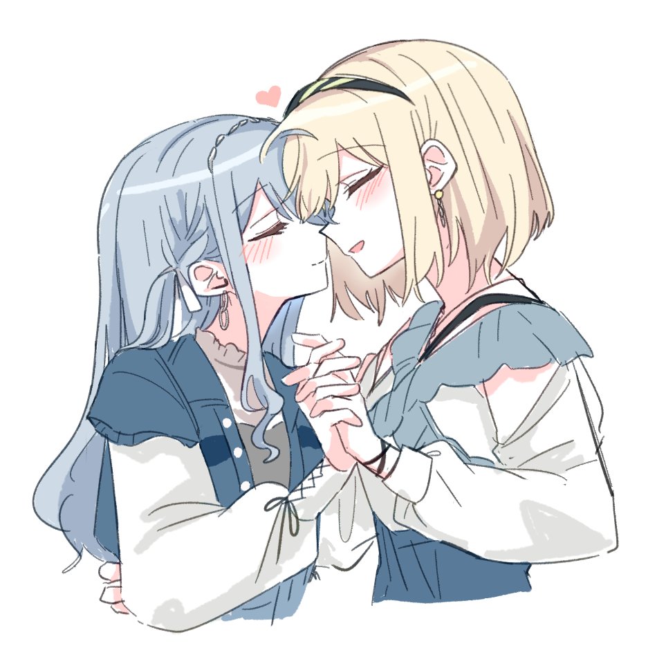 2girls, at_09098, bang_dream!, bang_dream!_it's_mygo!!!!!, black_hairband, blonde_hair, blue_hair, blue_shirt