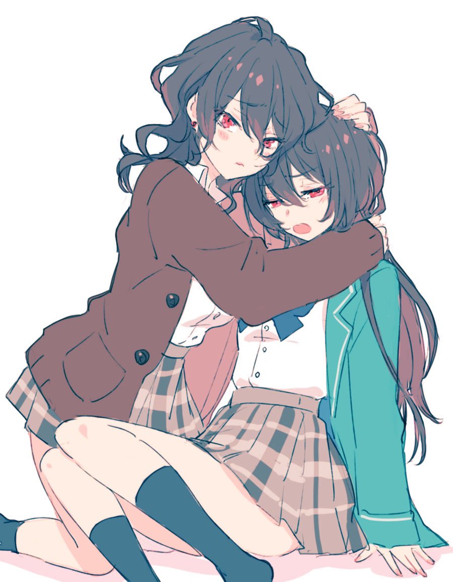 2girls, black_hair, blazer, blush, bow, brown_jacket, brown_skirt, earrings