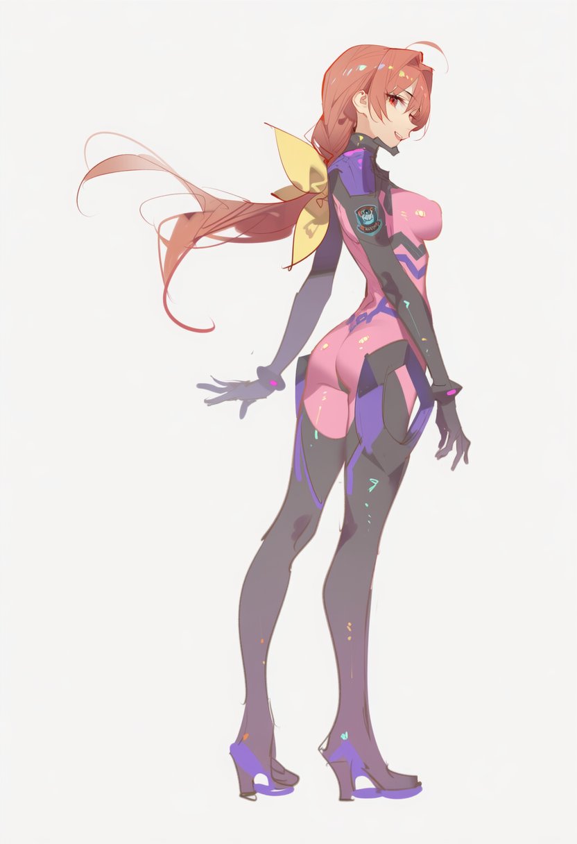 1girl, ahoge, armored_bodysuit, ass, bodysuit, boots, bow, breasts, fortified_suit, fortified_suit_(kagami_sumika), hair_intakes, high_heel_boots, high_heels, highres, impossible_clothes, kagami_sumika, kisaragi_shokuin, long_hair, looking_at_viewer, low_ponytail, mecha_pilot_suit, medium_breasts, muv-luv, muv-luv_alternative, open_mouth, pink_bodysuit, ponytail, red_eyes, red_hair, skin_tight, smile, solo, thigh_boots, very_long_hair, yellow_bow