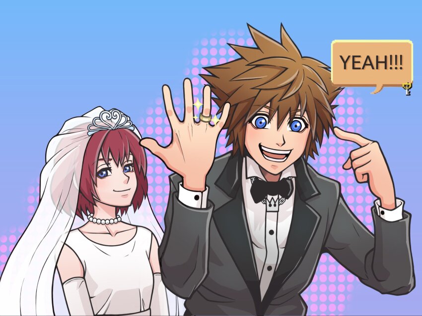 1boy, 1girl, alternate_costume, black_bow, black_bowtie, black_suit, blue_eyes, bow