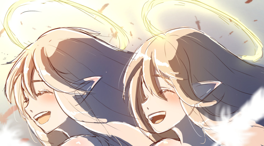 2girls, angel, blonde_hair, closed_eyes, halo, lucifina_(mon-musu_quest!), micaela_(mon-musu_quest!), multiple_girls