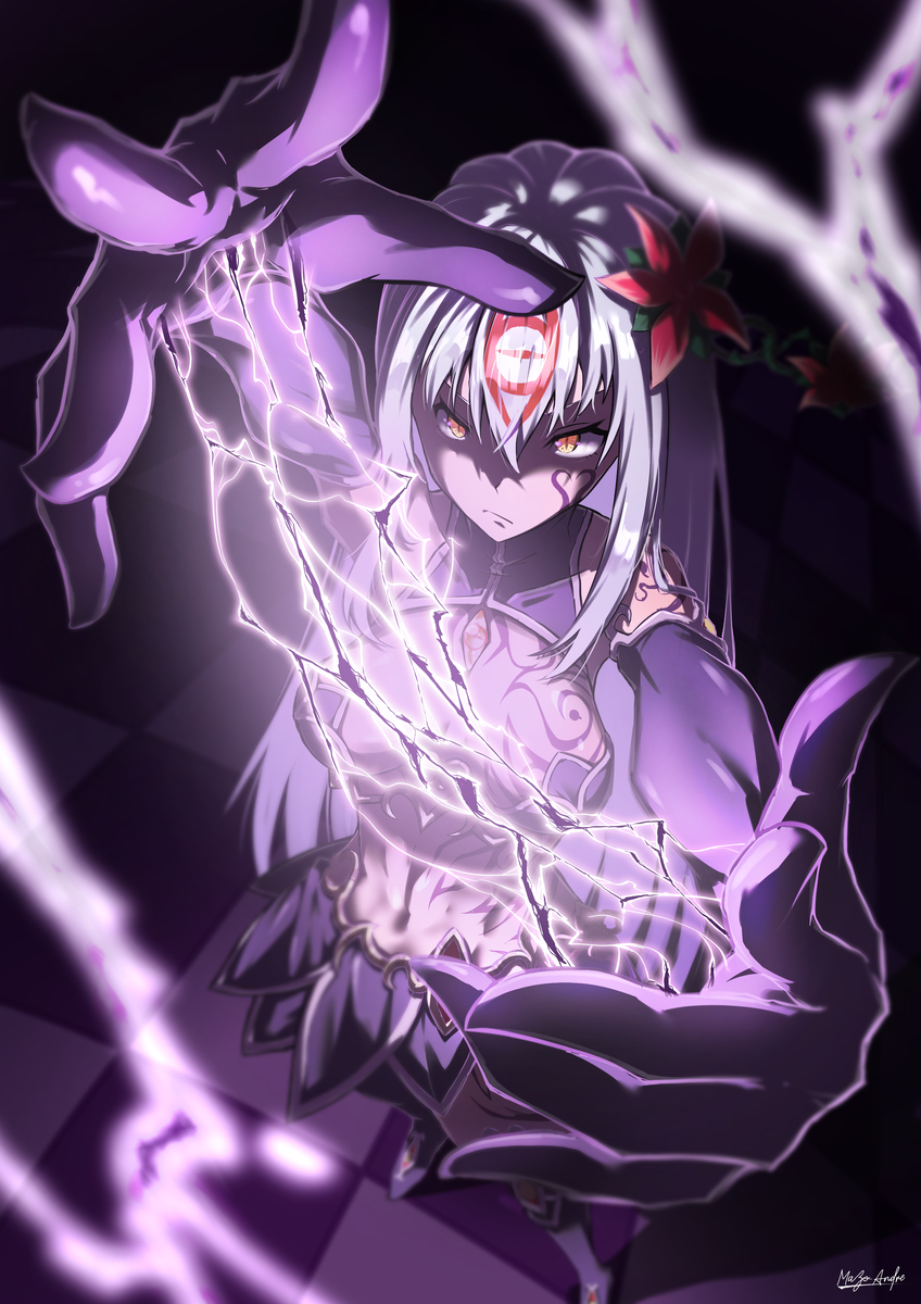 alipheese_fateburn_xvi, arm_tattoo, breasts, facial_tattoo, flower, hair_between_eyes, hair_flower, hair_ornament