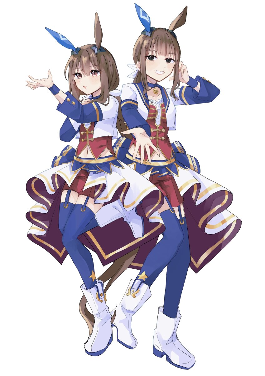 2girls, absurdres, admire_vega_(umamusume), admire_vega_(umamusume)_(cosplay), animal_ears, blue_choker, blue_thighhighs, blush, boots, breasts, brown_hair, choker, corset, cosplay, cropped_jacket, ear_covers, full_body, garter_straps, green_eyes, grin, hair_between_eyes, highres, horse_ears, horse_girl, horse_tail, jacket, long_hair, long_sleeves, looking_at_viewer, low_ponytail, mia_umauma, midriff, multiple_girls, navel, official_alternate_costume, open_clothes, open_jacket, open_mouth, overskirt, pendant_choker, ponytail, purple_eyes, real_life, red_corset, red_shorts, sasaki_hitomi, shirt, shorts, siblings, simple_background, single_ear_cover, skirt, smile, starting_future_(umamusume), tail, teeth, thighhighs, umamusume, umamusume:_road_to_the_top, voice_actor, white_background, white_boots, white_jacket