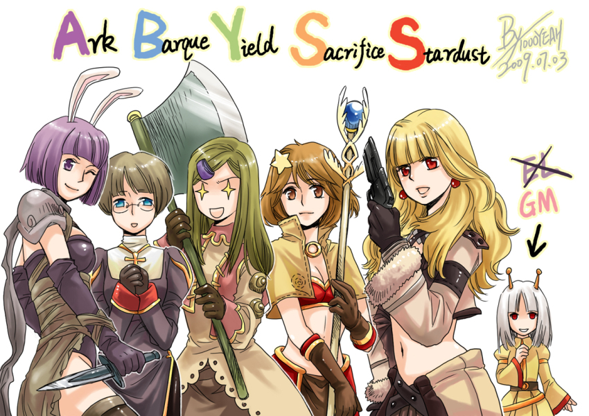 +_+, 6+girls, animal_ears, armor, assassin_(ragnarok_online), assassin_(ragnarok_online)_(cosplay), axe, bandages