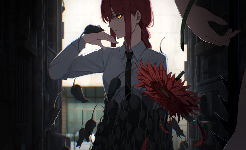 2girls, absurdres, alley, animal, animal_on_hand, black_necktie, chainsaw_man, closed_mouth