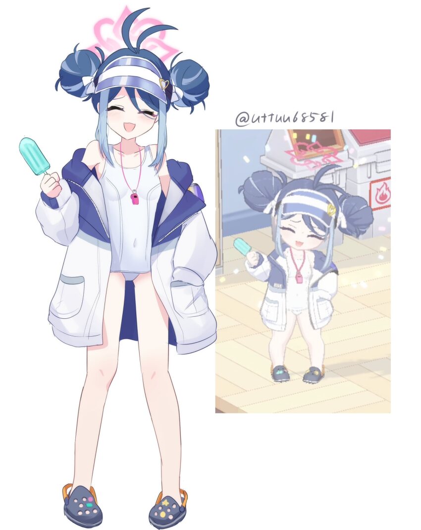 1girl, :d, ^_^, antenna_hair, black_shoes, blue_archive, blue_hair, closed_eyes