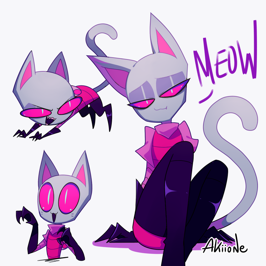 :3, alien, androgynous, animal_ears, bald, cat, cat_boy, cat_ears, cat_tail, colored_skin, english_text, eyeshadow, fang, invader_zim, irken, irken_pak, irken_uniform, makeup, male_focus, pink_eyes, sitting, smile, tail, tunic, yoyochaan, zim_(invader_zim)