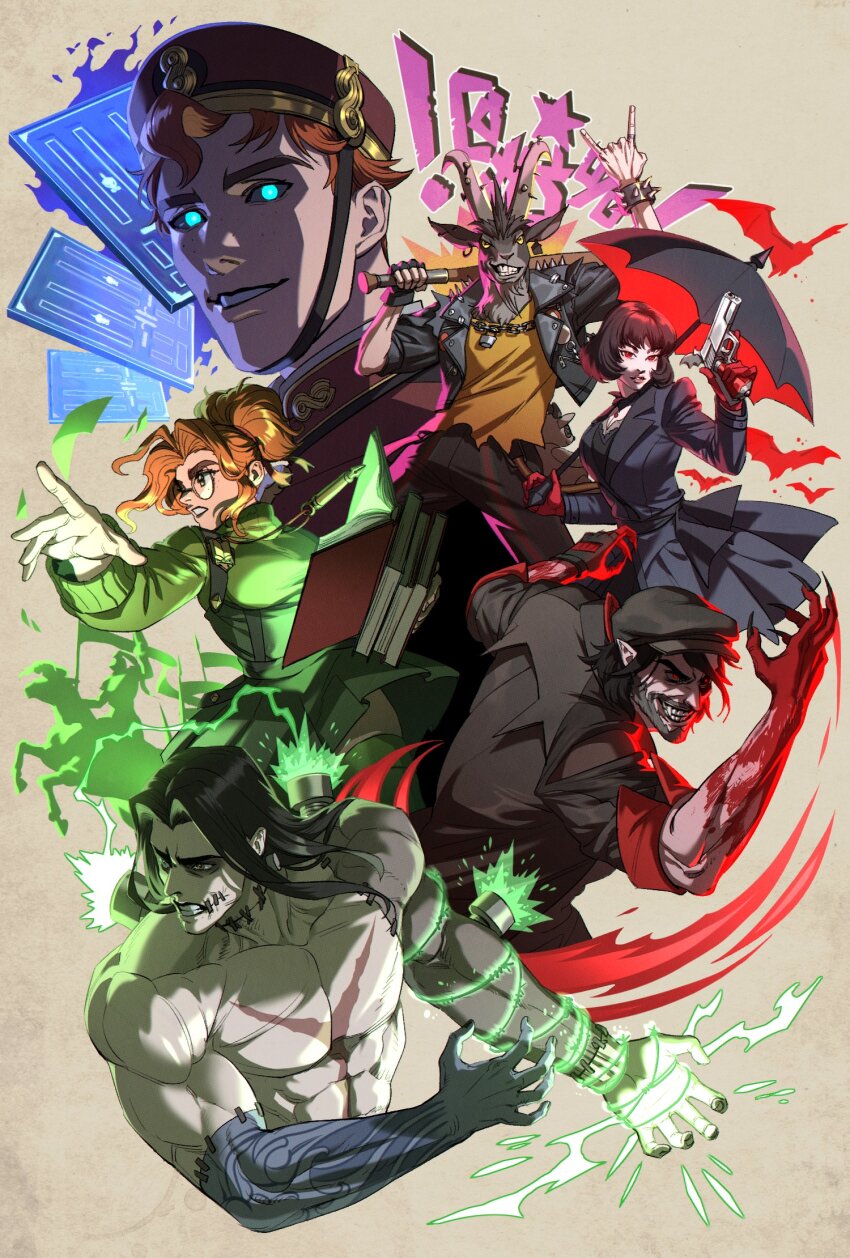 2girls, 4boys, animal_ears, animal_head, bara, baseball_bat, bat_(animal), bellhop_uniform