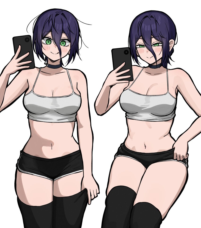 1girl, absurdres, aguxxxuu, black_choker, black_shorts, black_thighhighs, blue_hair, breasts