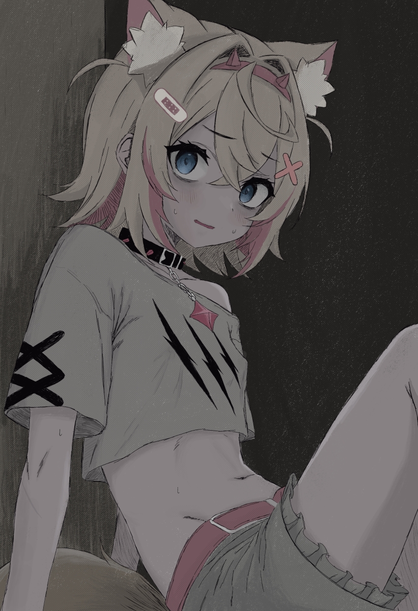 1girl, absurdres, animal_ear_fluff, animal_ears, bandaid, bandaid_hair_ornament, belt, blonde_hair, blue_eyes, chobles21, collar, dog_ears, dog_girl, dog_tail, fake_horns, grey_shirt, grey_shorts, hair_ornament, hairband, highres, hololive, hololive_english, horn_hairband, horns, mococo_abyssgard, mococo_abyssgard_(1st_costume), navel, pink_belt, pink_hairband, pink_streaks, shirt, shorts, solo, spiked_collar, spikes, tail, virtual_youtuber, x_hair_ornament