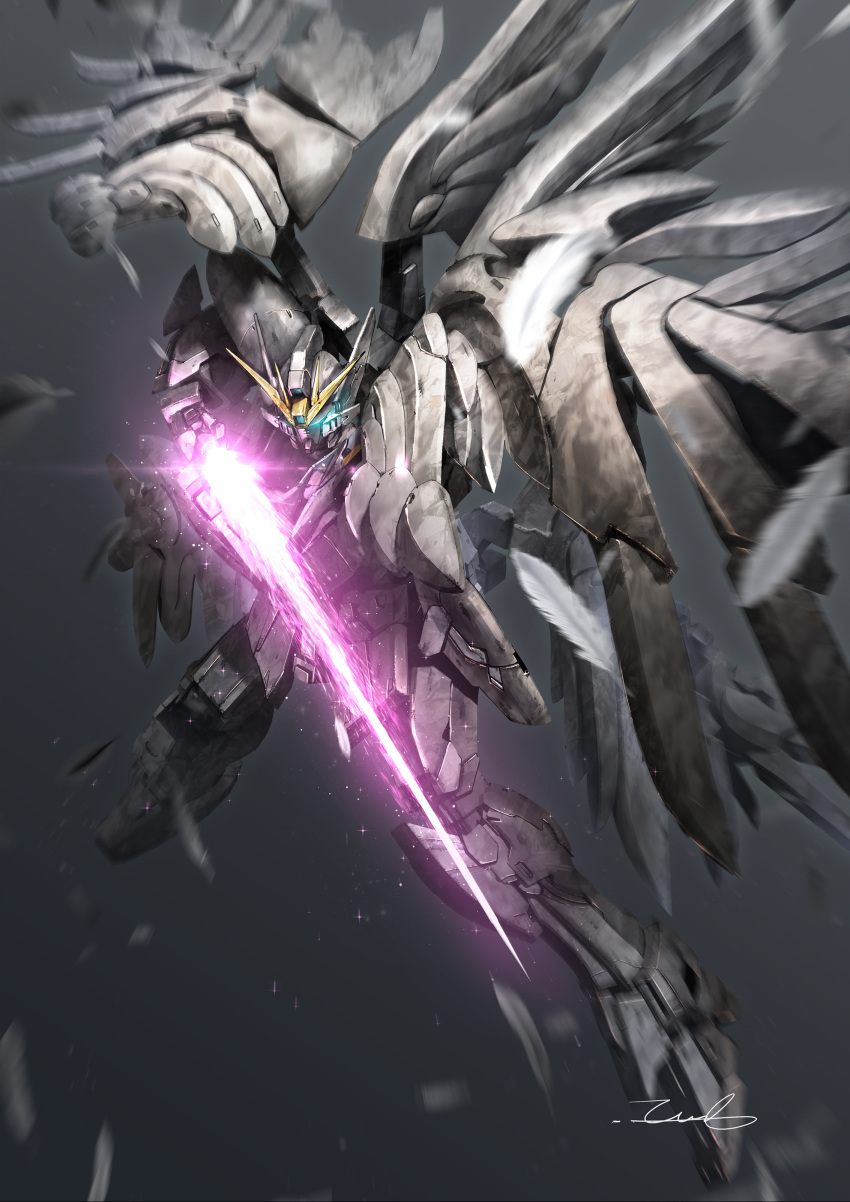 absurdres, commentary_request, energy_sword, falling_feathers, feathers, full_body, glowing, glowing_eyes