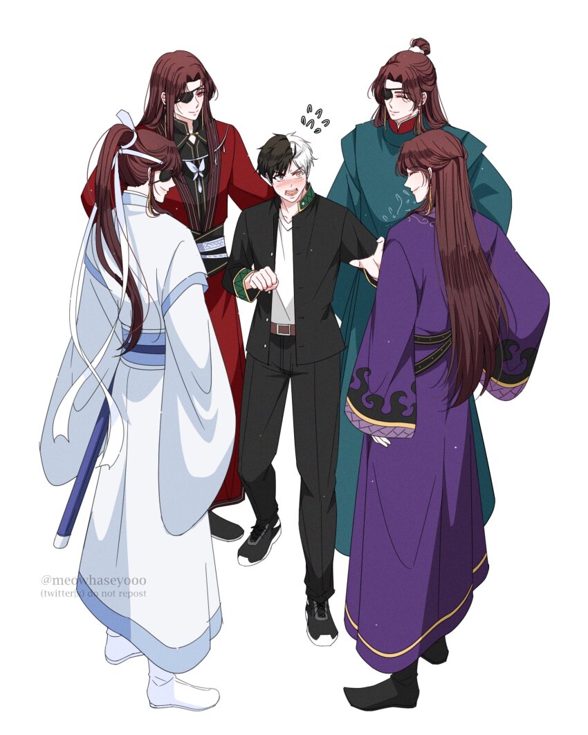 5boys, belt, black_hair, black_jacket, blush, brown_belt, brown_hair, character_request, chinese_clothes, copyright_request, crossover, eyepatch, heterochromia, highres, hua_cheng, jacket, long_hair, long_sleeves, meowhaseyooo, modao_zushi, multicolored_hair, multiple_boys, open_clothes, open_jacket, open_mouth, sakura_haruka_(wind_breaker), school_uniform, shirt, short_hair, smile, split-color_hair, thousand_autumns:_qian_qiu, tianguan_cifu, two-tone_hair, white_hair, white_shirt, wide_sleeves, wind_breaker_(nii_satoru), word_of_honor, yamakawa_ordinance
