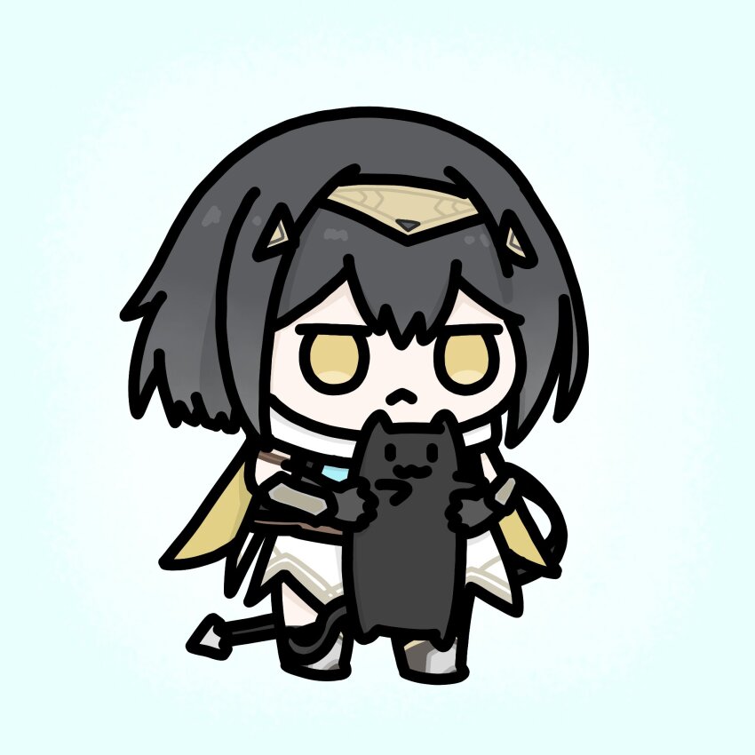 1girl, :<, :3, amber_(stella_sora), animal, black_cat, black_hair, cat