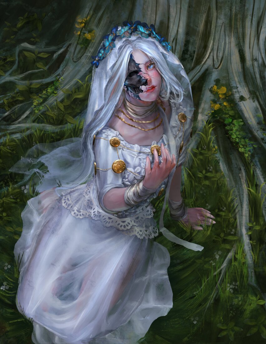 1girl, absurdres, artist_name, bandaged_arm, bandaged_neck, bandages, blue_eyes, blue_flower, commentary, cracked_skin, dress, elden_ring, elden_ring_nightreign, english_commentary, flower, flower_wreath, from_above, grass, head_wreath, highres, jewelry, long_hair, looking_at_viewer, looking_up, necklace, on_ground, revenant_(elden_ring), see-through_clothes, see-through_dress, skull, solo, sulka_art, tree, veil, white_dress, white_hair