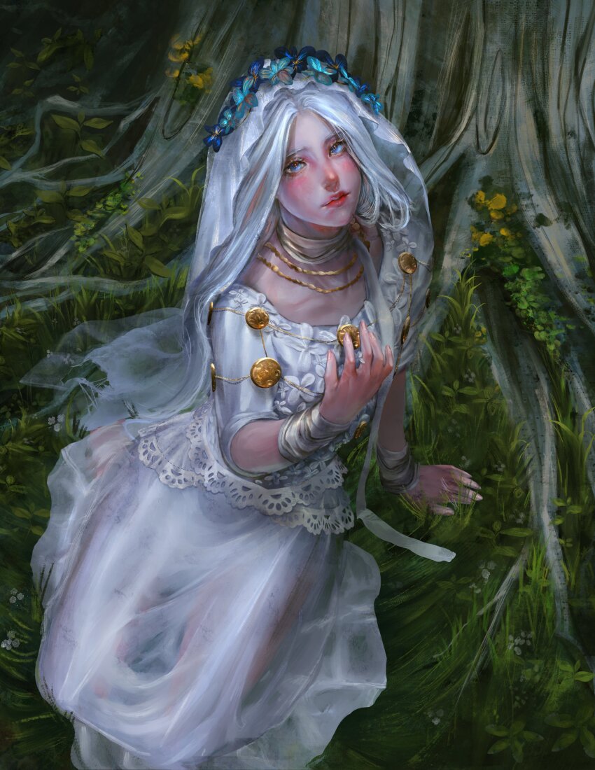 1girl, absurdres, bandaged_arm, bandaged_neck, bandages, blue_eyes, blue_flower, dress, elden_ring, elden_ring_nightreign, flower, flower_wreath, from_above, grass, hashtag-only_commentary, head_wreath, highres, jewelry, long_hair, looking_at_viewer, looking_up, necklace, on_ground, revenant_(elden_ring), see-through_clothes, see-through_dress, solo, sulka_art, tree, veil, white_dress, white_hair