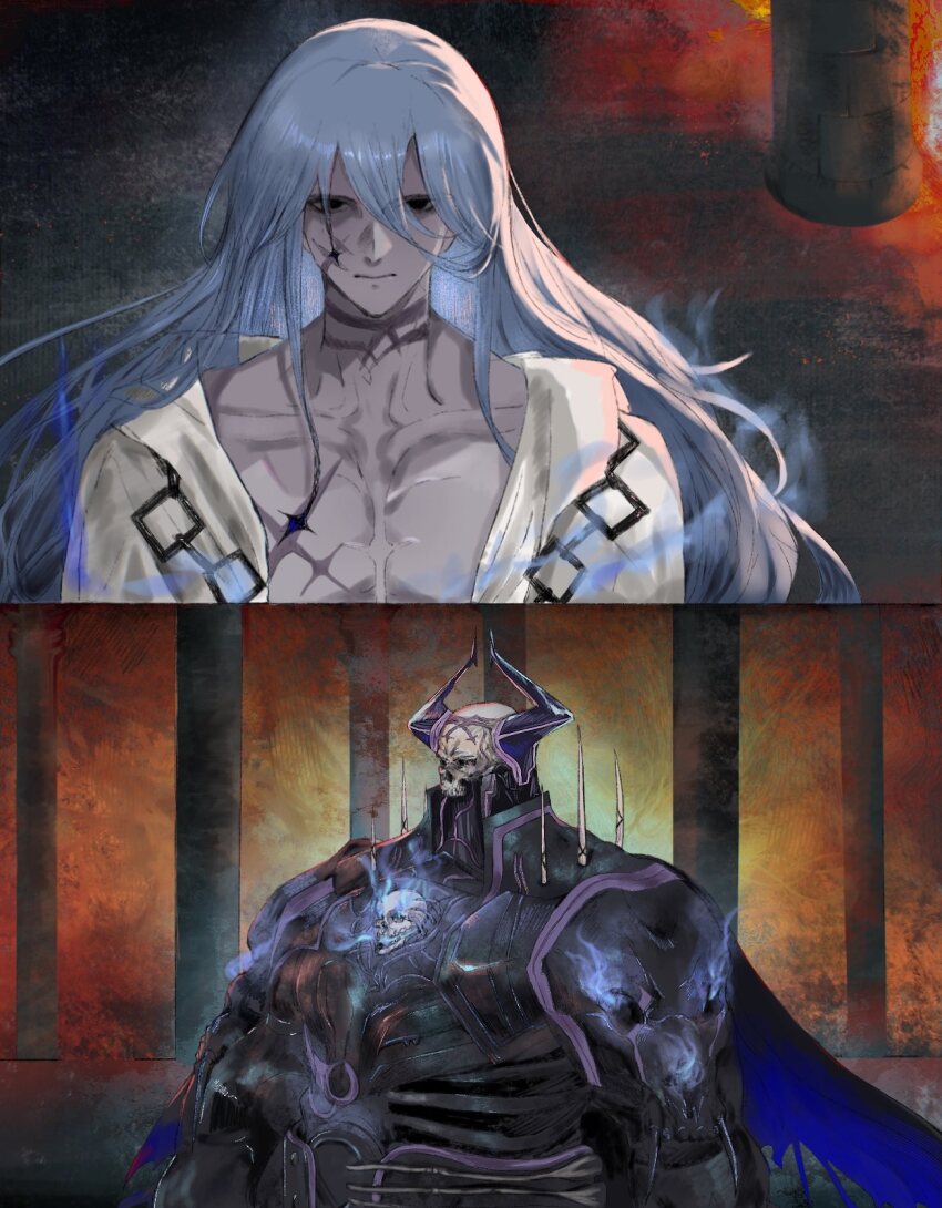 2boys, armor, azrael_(grand_assassin)_(fate), black_armor, black_cape, black_eyes, cape, closed_mouth, collarbone, dark-skinned_male, dark_skin, fate/grand_order, fate_(series), grey_hair, highres, horns, king_hassan_(fate), long_hair, male_focus, mask, multiple_boys, r0_knr52, scar, scar_on_face, scar_on_neck, skull, skull_mask, torn_cape, torn_clothes, very_long_hair