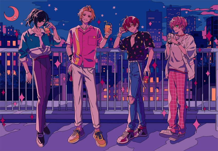 4boys, analogous_colors, antenna_hair, aqua_eyes, aqua_hair, aqua_jacket, arm_at_side, balcony