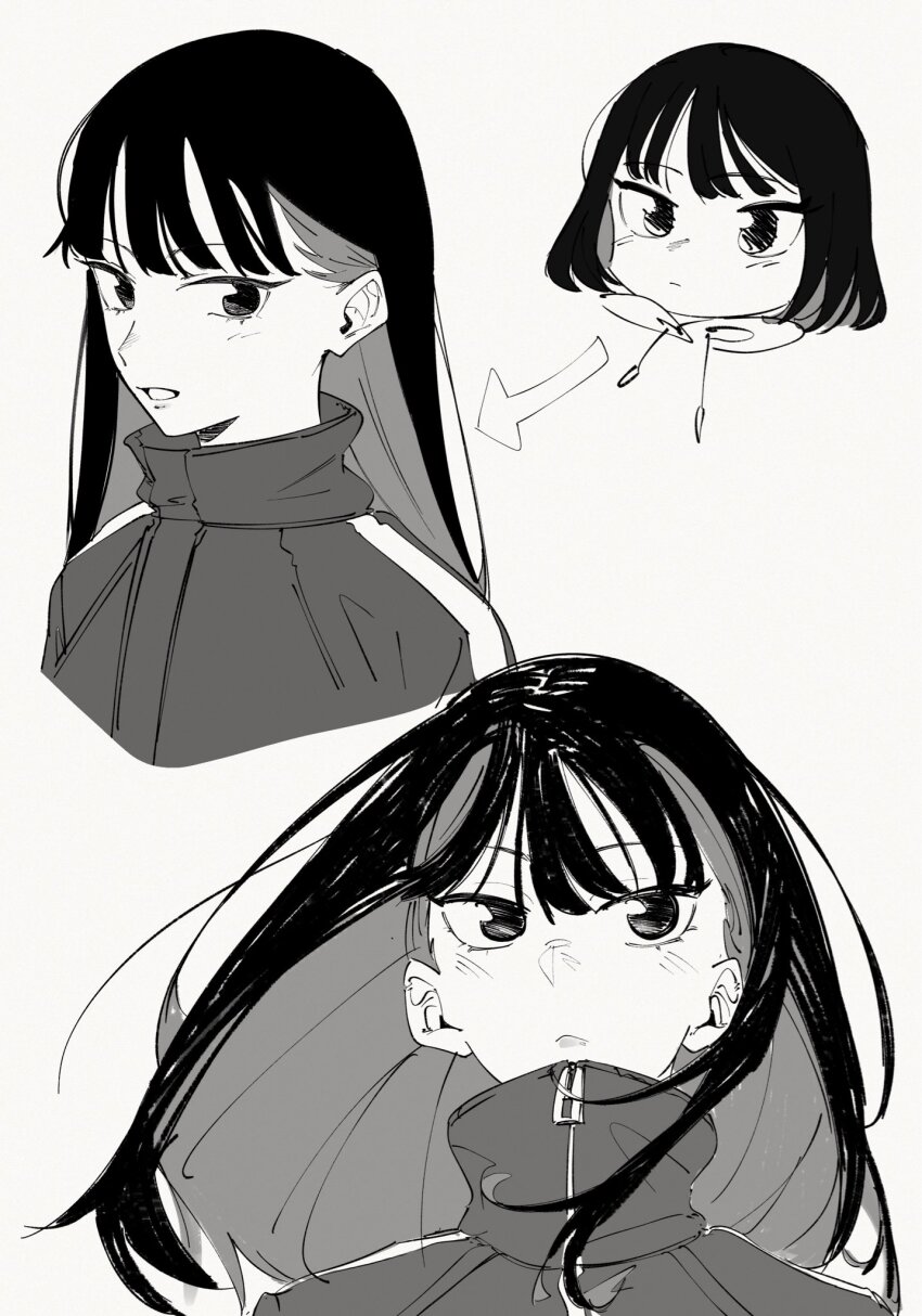 arrow_(symbol), chibi, cropped_torso, highres, jacket, long_hair, monochrome, multicolored_hair