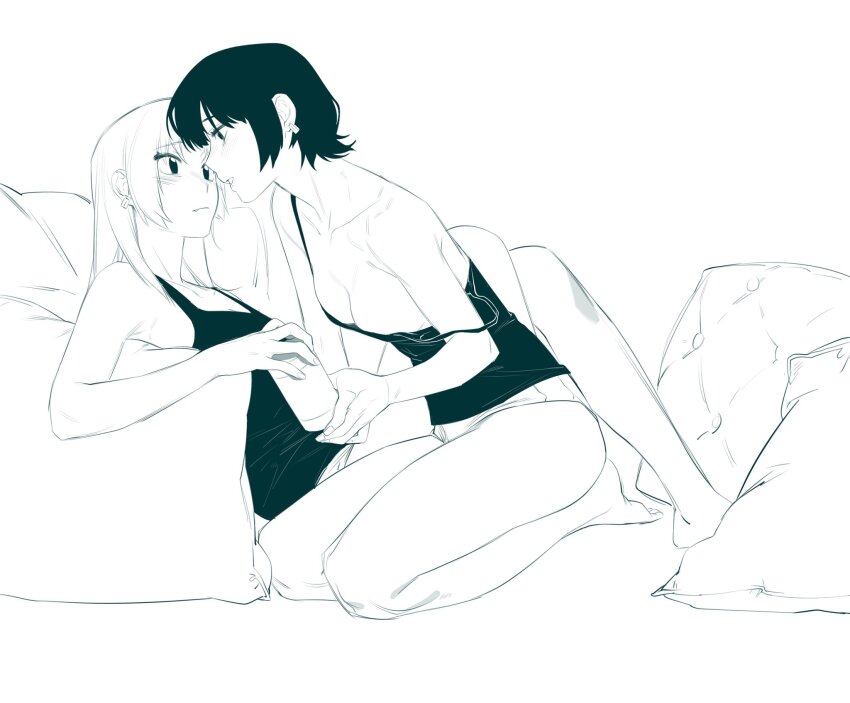 2girls, beer_can, blush, breasts, can, dogwhitee, drink_can, ear_piercing