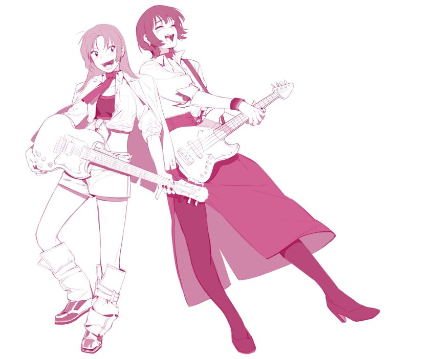 2girls, ^_^, boots, closed_eyes, dogwhitee, fangs, guitar, high_heels