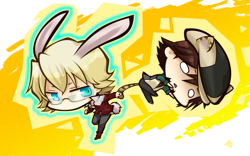 10s, 2boys, animal_ears, aqua_eyes, barnaby_brooks_jr., blonde_hair, boots, bracelet