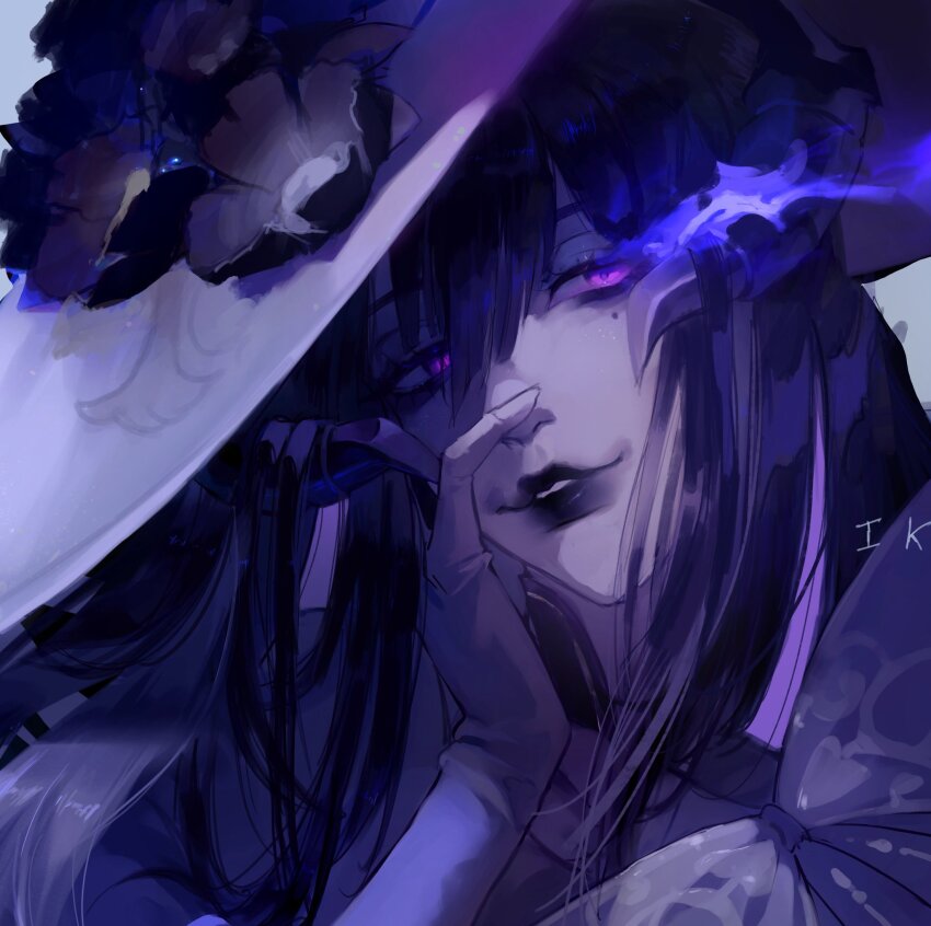 1girl, black_flower, black_hair, black_lips, blue_fire, bow, commentary, the_dahlia_(honkai:_star_rail)