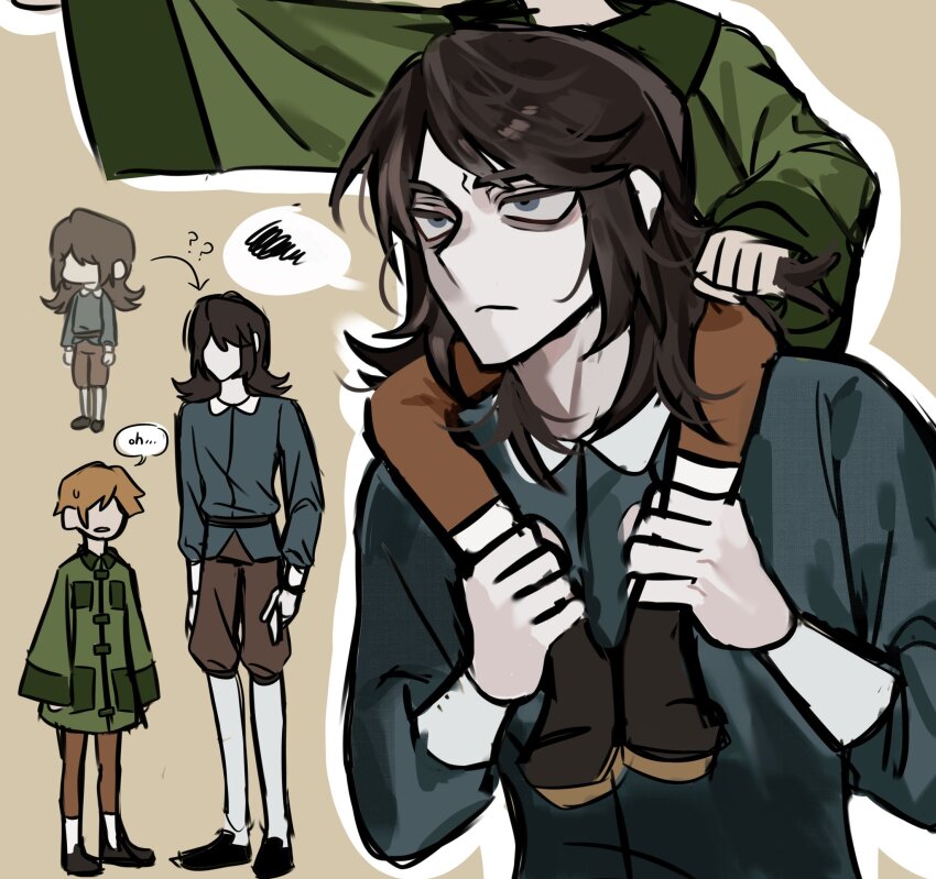 1boy, 1girl, abaddon_(haunted_hotel), abaddon_(human)_(haunted_hotel), aged_up, bags_under_eyes, blue_coat, blue_eyes, brown_hair, carrying, coat, esther_freeling, green_coat, haunted_hotel, highres, long_hair, multiple_views, qpwksnaz, shoulder_carry, simple_background