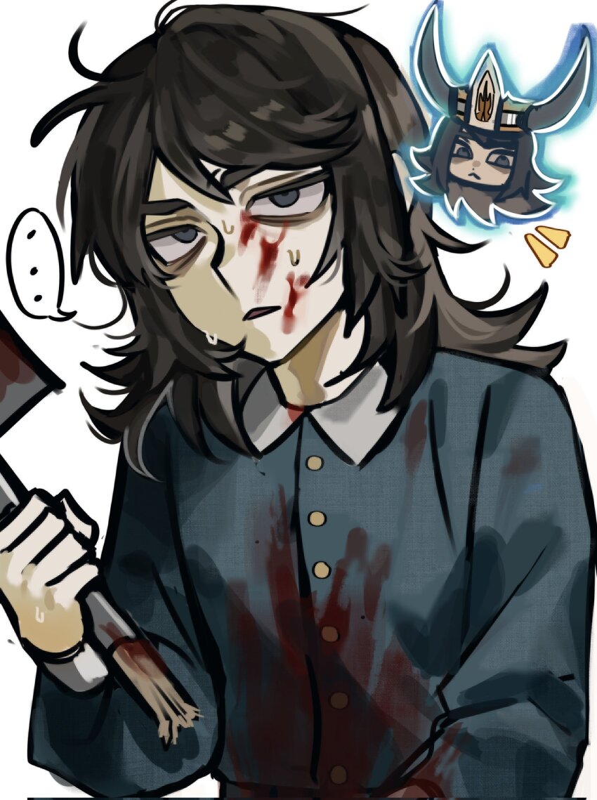 ..., 1boy, abaddon_(haunted_hotel), abaddon_(human)_(haunted_hotel), axe, bags_under_eyes, blood, blood_on_clothes