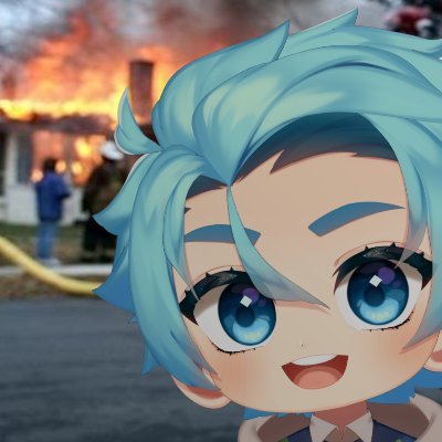 1boy, aldoxito, blue_eyes, blue_hair, chibi, disaster_girl_(meme), fire, firemen