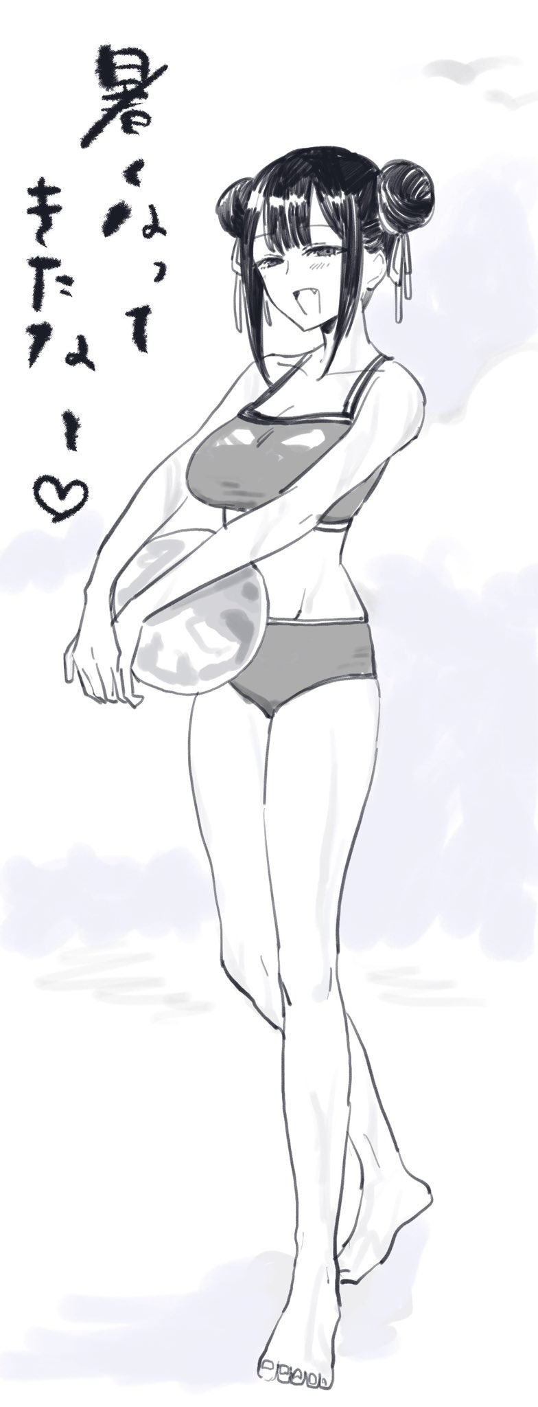 1girl, a_mayonnaiseda, ball, bikini, blunt_bangs, double_bun, fang, hair_bun