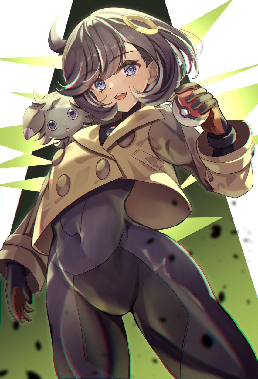 1girl, :3, :d, absurdres, black_bodysuit, black_gloves, black_hair, blue_eyes