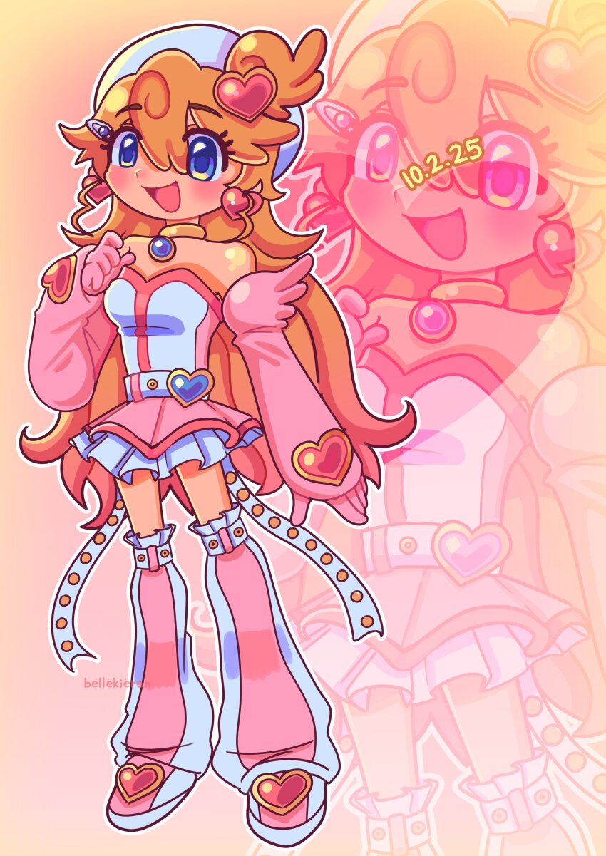 1girl, :d, absurdres, artist_name, bare_shoulders, belle_kieran, belt, belt_buckle