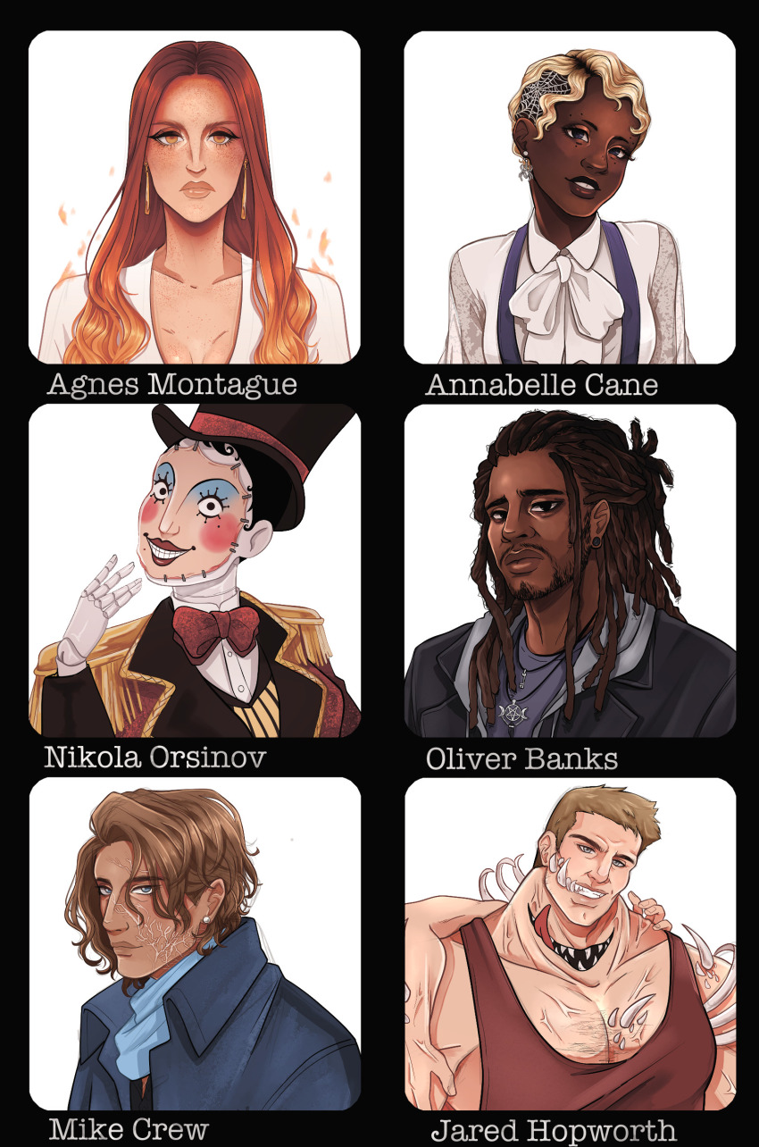 absurdres, agnes_montague, annabelle_cane, beard, black_hair, blonde_hair, body_horror, bow, bowtie, breasts, cleavage, dark-skinned_female, dark-skinned_male, dark_skin, dreadlocks, earrings, ezrazzle, facial_hair, freckles, gradient_hair, grin, guro, half_updo, highres, hood, hoodie, jacket, jared_hopworth, jewelry, leather, leather_jacket, lips, long_hair, makeup, mannequin, mask, michael_crew, mole, mole_under_eye, monster_boy, monster_girl, multicolored_hair, muscular, muscular_male, nikola_orsinov, oliver_banks, roots_(hair), scar, scar_on_face, short_hair, silk, smile, spider_web, suspenders, the_magnus_archives, thick_lips, very_dark_skin, very_short_hair