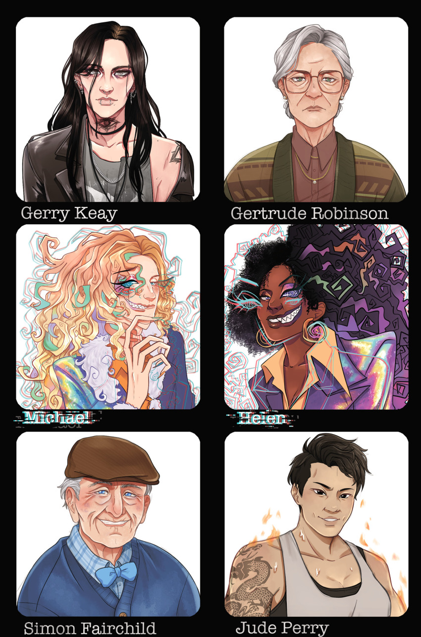 3boys, 3girls, absurdres, arm_tattoo, black_hair, blonde_hair, blonde_hair_roots, blush