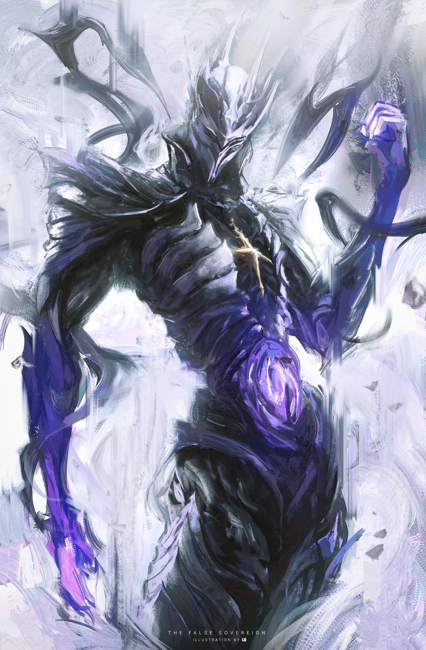 1other, absurdres, armor, artist_name, clenched_hand, commentary, crown, debris