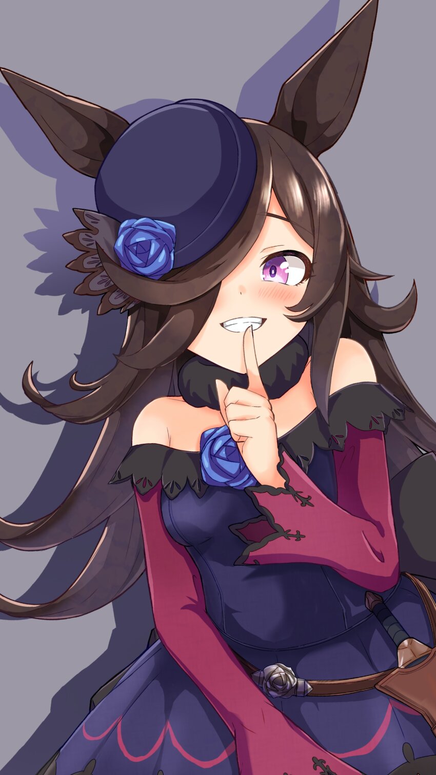 1girl, absurdres, animal_ears, blue_flower, blue_hat, blue_rose, blush, brown_hair