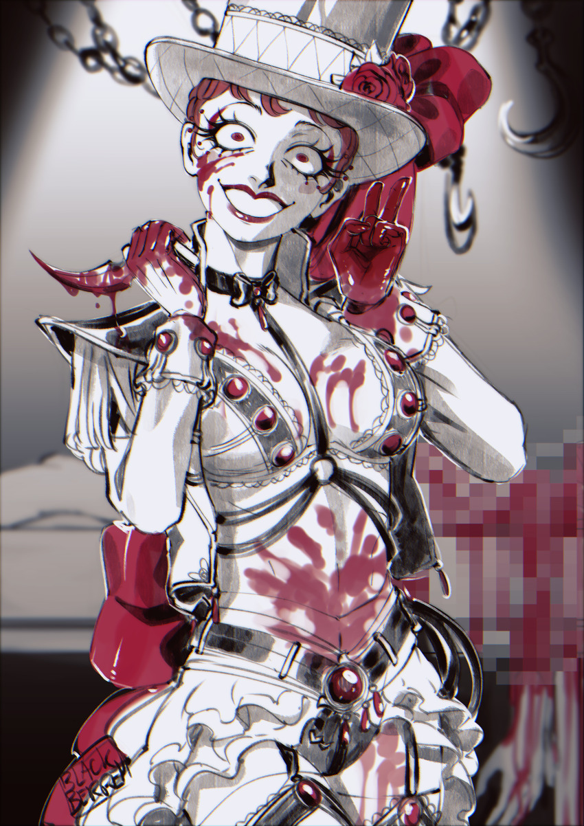 1girl, absurdres, beaded_eyelashes, blackberreh-art, blood, blood_on_face, blood_on_hands, bra, breasts, cleavage, corpse, design_speculation, eyelashes, flower, frills, gloves, grin, guro, hat, highres, horror_(theme), lips, murder, nikola_orsinov, red_hair, red_lips, rose, short_hair, smile, the_magnus_archives, top_hat, underwear, very_short_hair