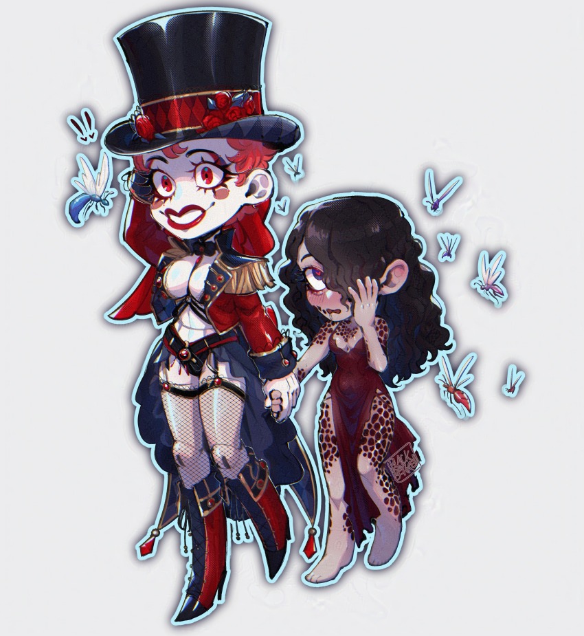 2girls, absurdres, barefoot, beaded_eyelashes, black_hair, blackberreh-art, blush, body_horror, boots, breasts, bug, cleavage, colored_skin, deformed, design_speculation, doll_joints, dress, drooling, eyelashes, fishnet_thighhighs, fishnets, flower, grin, guro, hair_over_one_eye, hat, heart, heart-shaped_pupils, highres, holding_hands, hole_in_arm, hole_in_chest, hole_in_face, hole_in_leg, hole_on_body, injury, jacket, jane_prentiss, jewelry, joints, lips, long_hair, makeup, mannequin, multiple_girls, nikola_orsinov, red_dress, red_flower, red_hair, red_lips, red_rose, rose, short_hair, simple_background, smile, symbol-shaped_pupils, the_magnus_archives, thighhighs, trypophobia, walking, wasp, white_skin, yuri