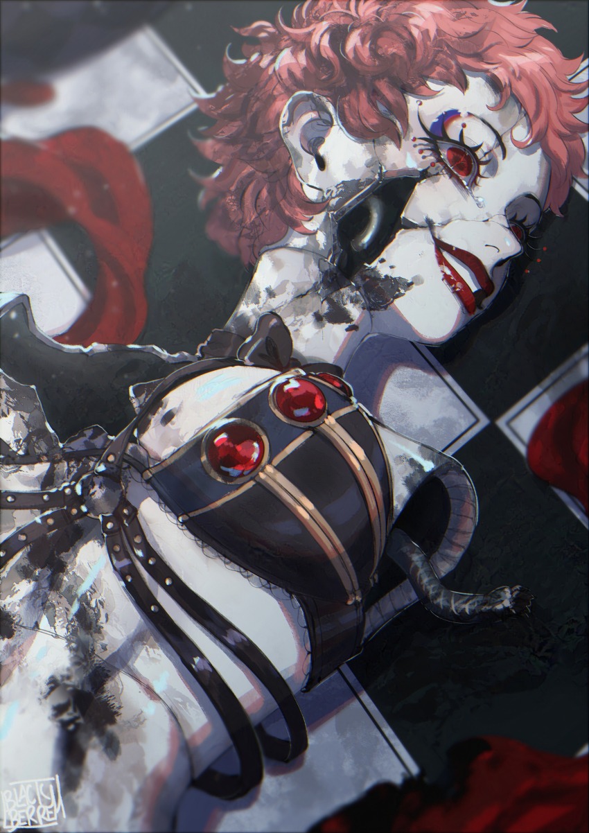 1girl, absurdres, beaded_eyelashes, black_bow, black_bowtie, blackberreh-art, body_horror, bow