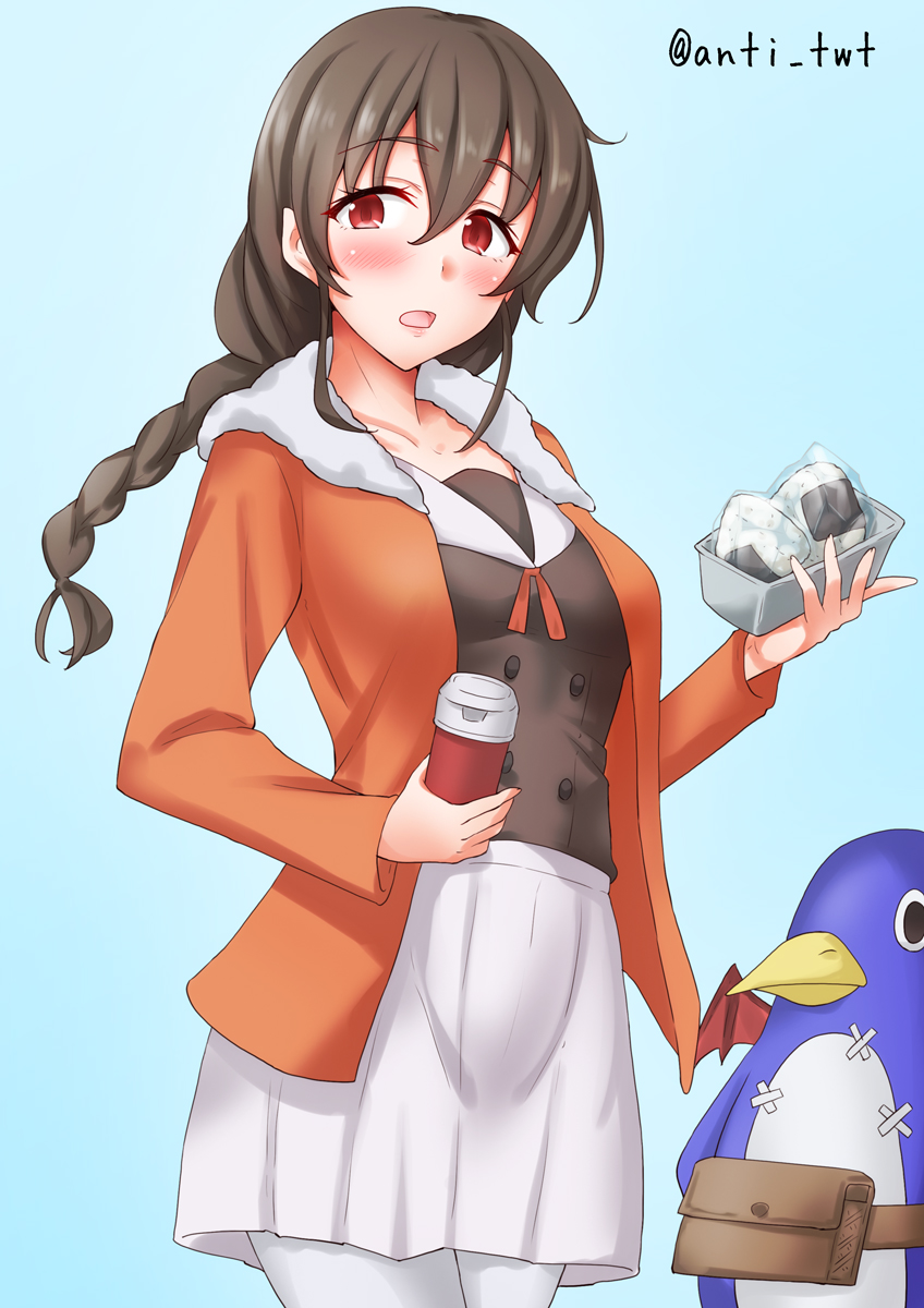 1girl, anti_(untea9), aqua_background, bird, black_hair, braid, brown_shirt, commentary_request