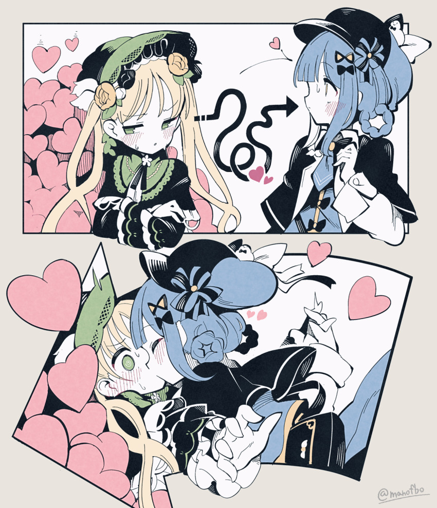 2girls, @_@, arrow_(symbol), bird_hat_ornament, black_capelet, black_flower, black_rose, blonde_hair