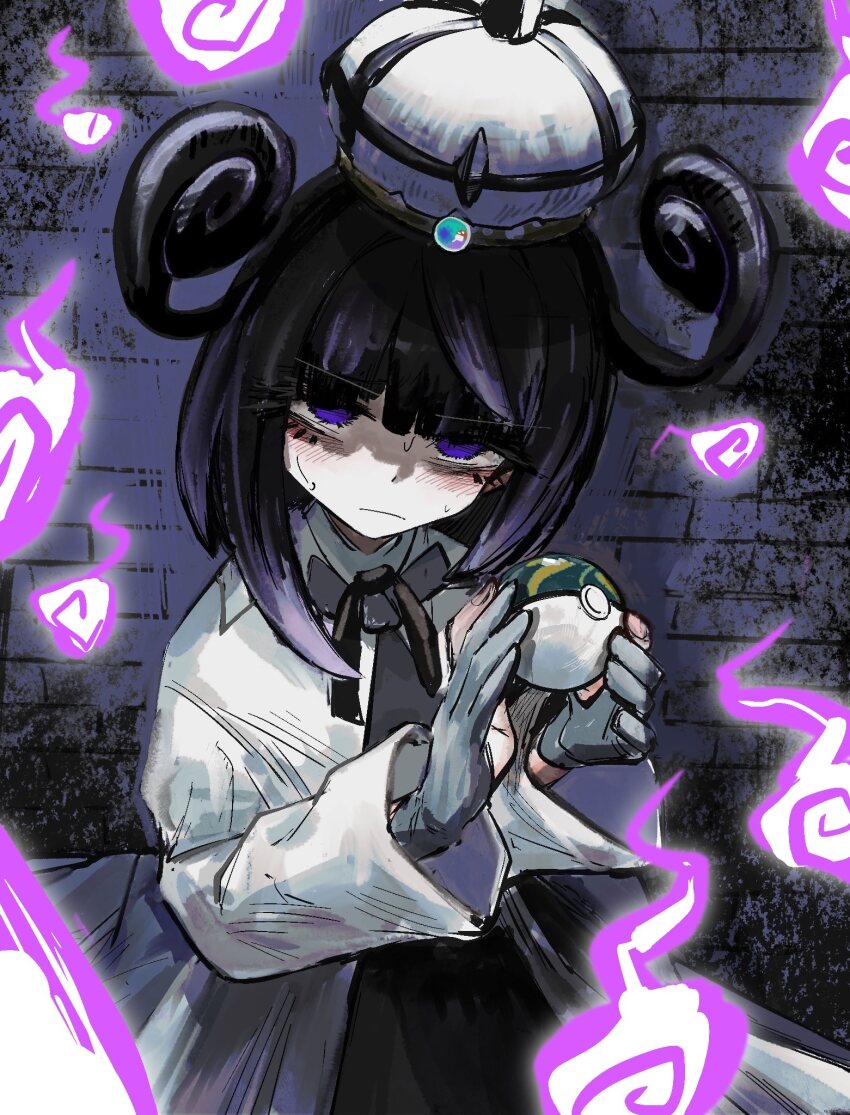 1girl, black_dress, black_hair, closed_mouth, coat, dress, gloves, gradient_hair, gwynn_(pokemon), hat, highres, holding, holding_poke_ball, jinba_(jinbarta2), long_sleeves, looking_at_viewer, multicolored_hair, nest_ball, nintendo, open_clothes, open_coat, partially_fingerless_gloves, poke_ball, pokemon, pokemon_legends:_z-a, purple_eyes, purple_hair, short_hair, solo, white_coat