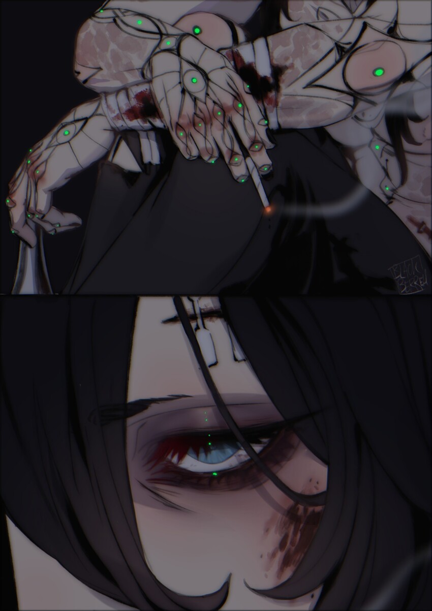 1boy, androgynous, arm_tattoo, bandaged_arm, bandages, blackberreh-art, blood, bloody_bandages