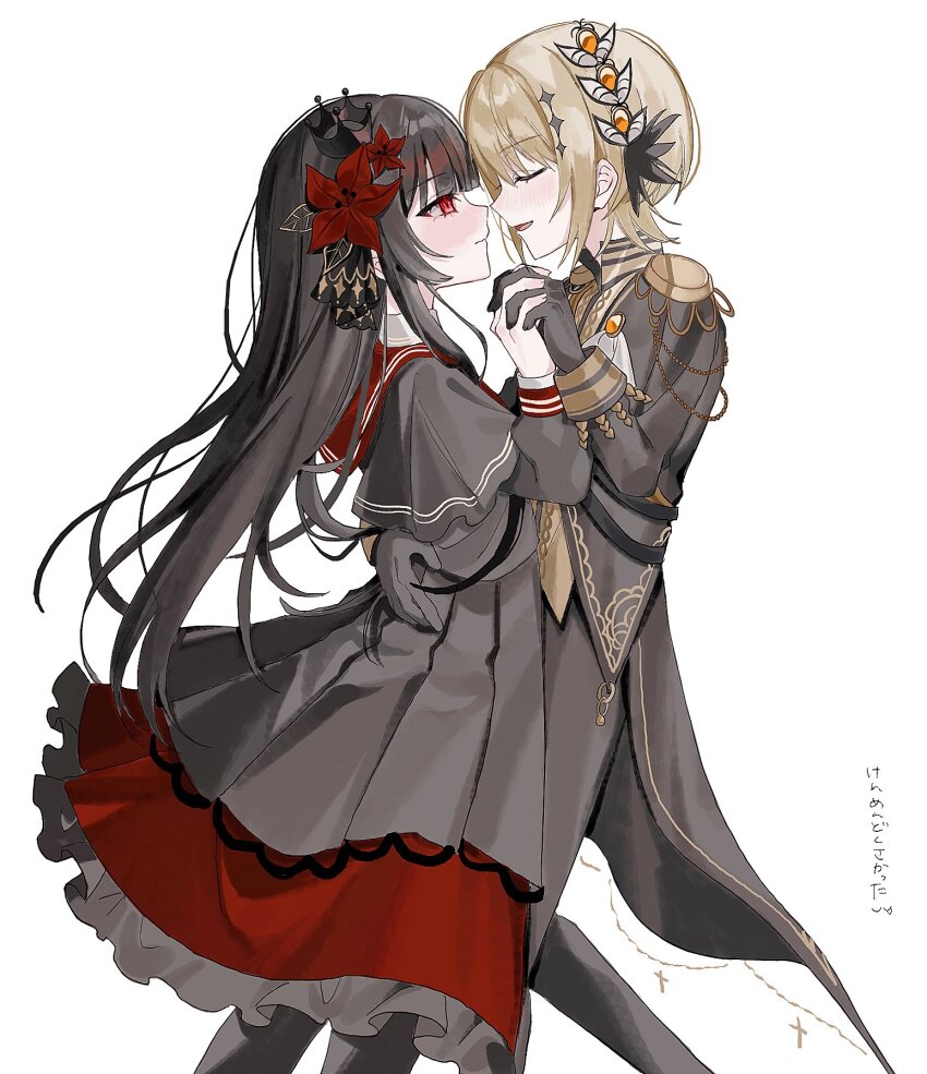 2girls, black_gloves, black_hair, black_jacket, black_pants, black_shirt, black_skirt, blonde_hair