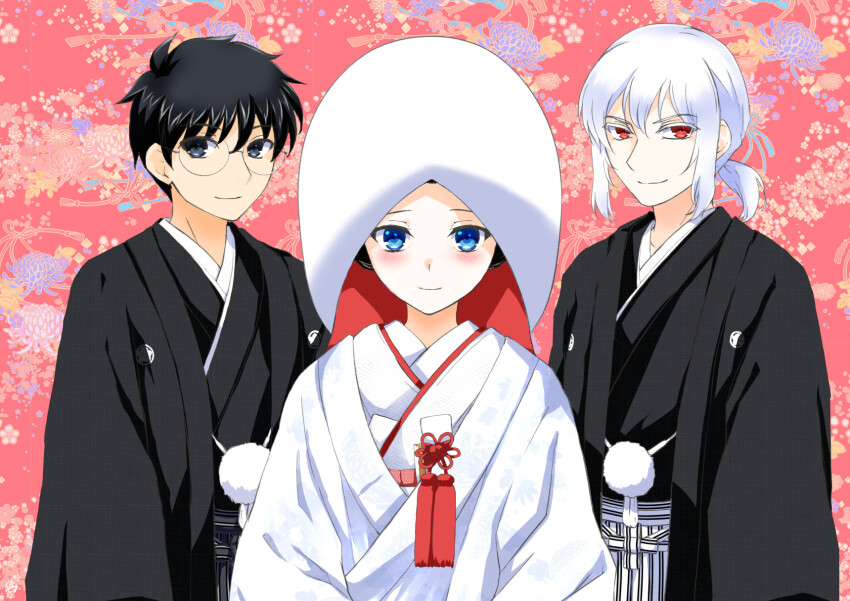 1girl, 2boys, balcony, black_eyes, blue_eyes, brother_and_sister, commentary_request, glasses