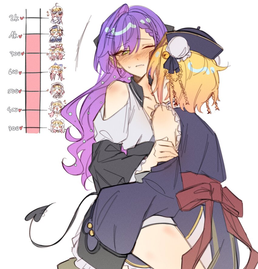 2girls, absurdres, blonde_hair, blush, braid, braided_bangs, braided_hair_rings, bun_cover