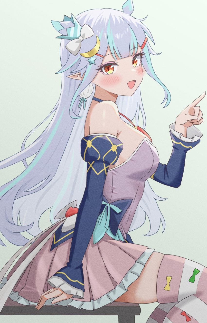 1girl, absurdres, bare_shoulders, blue_choker, blue_sleeves, blush, breasts, choker