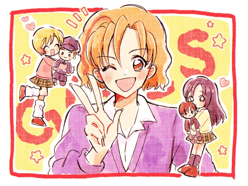 3girls, ;d, blonde_hair, brown_shoes, character_doll, character_request, chibi, closed_eyes, collared_shirt, doll, fingernails, gals!, green_skirt, gyaru, heart, highres, holding, holding_doll, hoshino_aya, kogal, kotobuki_ran, long_fingernails, long_sleeves, looking_at_viewer, loose_socks, m._(pixiv_80827757), multicolored_hair, multiple_girls, one_eye_closed, open_mouth, orange_hair, otohata_rei, red_hair, red_streaks, shirt, shoes, short_hair, skirt, smile, socks, star_(symbol), streaked_hair, w, white_shirt, white_socks, yamazaki_miyu